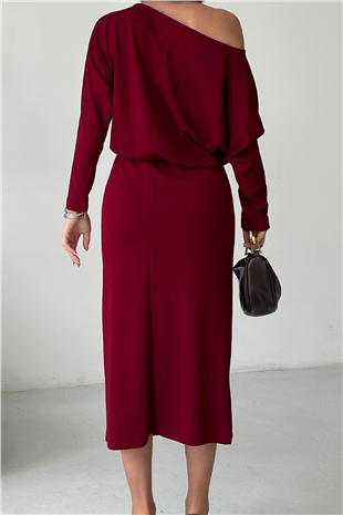 Kadın Bordo Kayık Yaka Beli Lastikli Midi Boy Elbise Alc-X15226