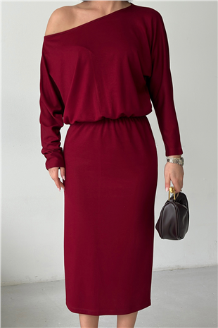 Kadın Bordo Kayık Yaka Beli Lastikli Midi Boy Elbise Alc-X15226