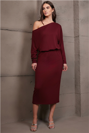 Kadın Bordo Kayık Yaka Beli Lastikli Midi Boy Elbise Alc-X15226