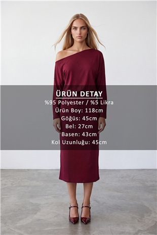 Kadın Bordo Kayık Yaka  Modal Midi Boy Elbise Alc-X15780
