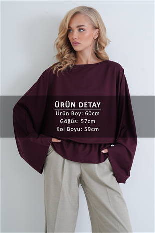 Kadın Bordo Kayık Yaka Yarasa Kol Belden Lastikli Bluz Alc-X15913