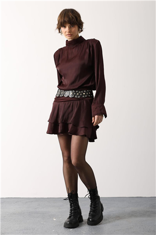 Kadın Bordo Kemer Detaylı Saten Mini Etek Alc-X15206