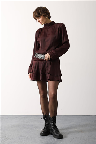 Kadın Bordo Kemer Detaylı Saten Mini Etek Alc-X15206