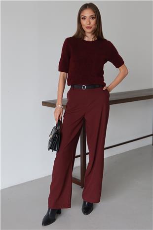 Kadın BORDO Kemerli Çift Cepli Palazzo Pantolon VS01484