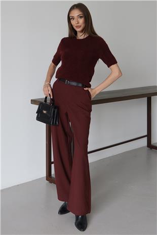 Kadın BORDO Kemerli Çift Cepli Palazzo Pantolon VS01484