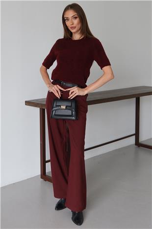 Kadın BORDO Kemerli Çift Cepli Palazzo Pantolon VS01484