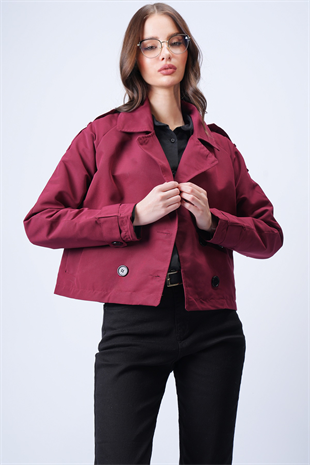 Kadın BORDO Kruvaze Yaka İçi Astarlı Kısa Trenç Ceket VS01185