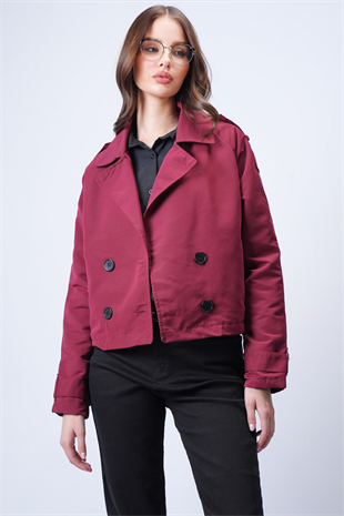 Kadın BORDO Kruvaze Yaka İçi Astarlı Kısa Trenç Ceket VS01185