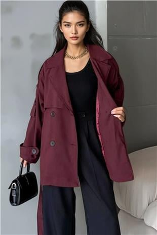 Kadın Bordo Kuşaklı Çift Cepli Astarlı Kısatrençkot Alc-X14884
