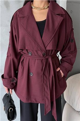 Kadın Bordo Kuşaklı Çift Cepli Astarlı Kısatrençkot Alc-X14884