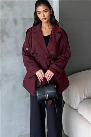 Kadın Bordo Kuşaklı Çift Cepli Astarlı Kısatrençkot Alc-X14884