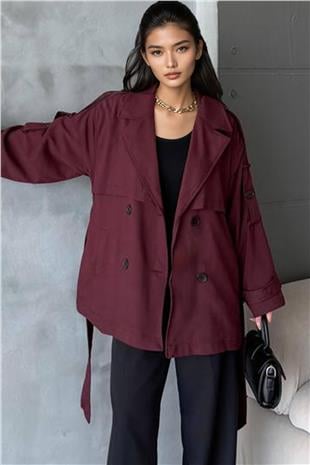 Kadın Bordo Kuşaklı Çift Cepli Astarlı Kısatrençkot Alc-X14884