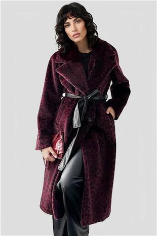 Kadın Bordo Leopar Desenli Kürük Kaban Alc-X15033