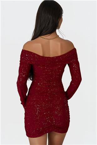 Kadın Bordo Madonna Yaka Simli Mini Elbise Alc-X14829