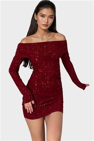Kadın Bordo Madonna Yaka Simli Mini Elbise Alc-X14829