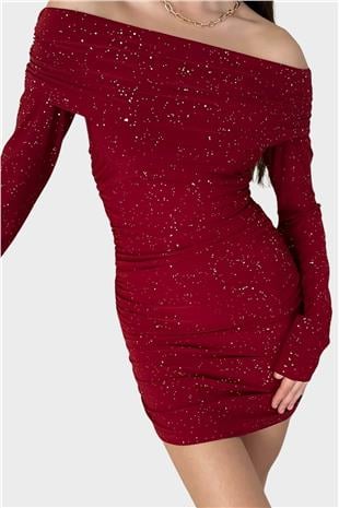 Kadın Bordo Madonna Yaka Simli Mini Elbise Alc-X14829