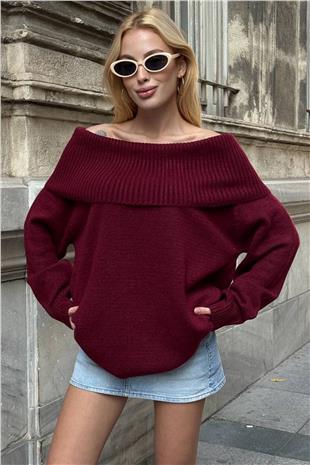 Kadın BORDO Madonna Yaka Uzun Kollu Triko Elbise VS01542