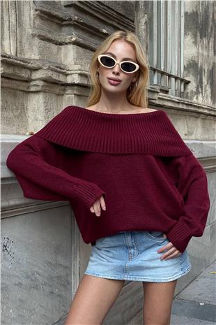 Kadın BORDO Madonna Yaka Uzun Kollu Triko Elbise VS01542