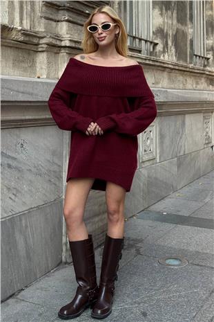 Kadın BORDO Madonna Yaka Uzun Kollu Triko Elbise VS01542