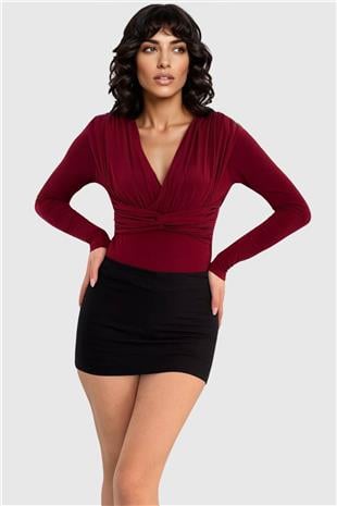 Kadın Bordo Ön Arka V Yaka Drape Ve Burgu Detaylı Sandy Bluz Alc-X14966
