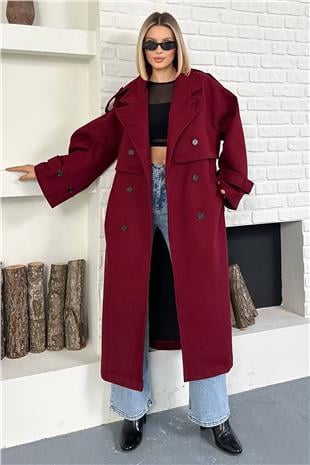 Kadın Bordo Oversize Kuşaklı Çift Düğmeli Astarsız Uzun Kaban VS01605