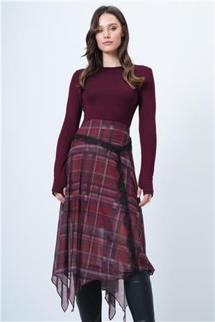 Kadın BORDO Parmak Detaylı Bisiklet Yaka Basic Bluz VS01558