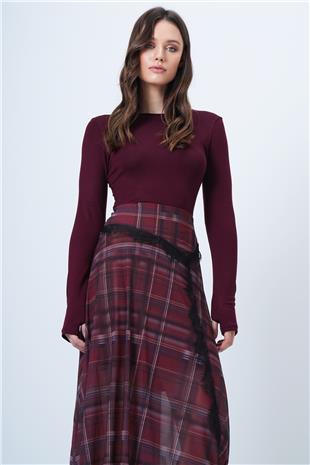 Kadın BORDO Parmak Detaylı Bisiklet Yaka Basic Bluz VS01558