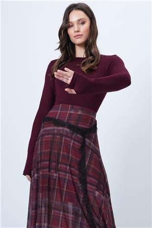 Kadın BORDO Parmak Detaylı Bisiklet Yaka Basic Bluz VS01558