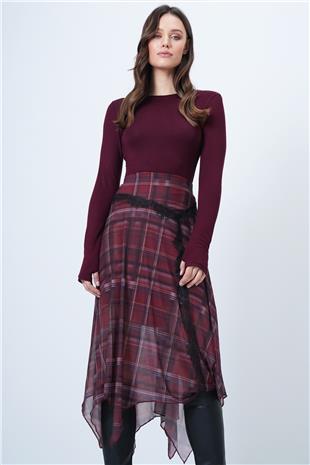 Kadın BORDO Parmak Detaylı Bisiklet Yaka Basic Bluz VS01558