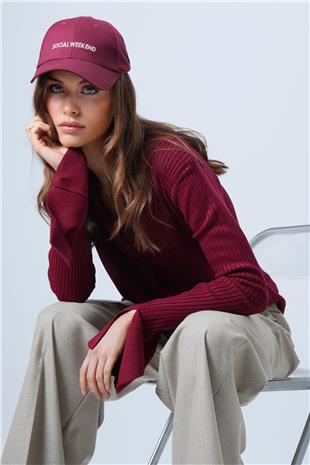 Kadın Bordo Polo Yaka Önü Düğmeli Yırtmaç Kol Triko Bluz Alc-X7310