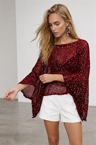 Kadın Bordo Simli Bol Kesim Triko Panço Bluz Alc-X15578