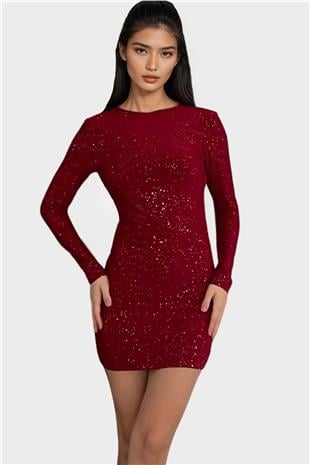 Kadın Bordo Sırt Dekolteli Simli Mini Elbise Alc-X14830