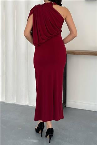 Kadın Bordo Tek Omuz Drape Detaylı Maxi Boy Elbise Alc-X14962