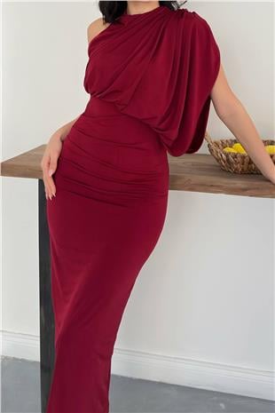 Kadın Bordo Tek Omuz Drape Detaylı Maxi Boy Elbise Alc-X14962