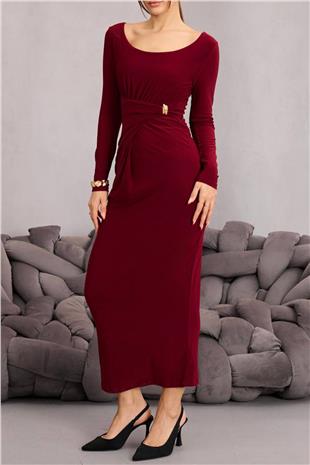 Kadın BORDO Toka Detaylı Drapeli Midi Boy Elbise VS01669
