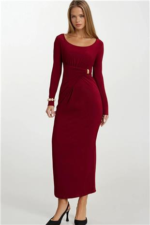 Kadın BORDO Toka Detaylı Drapeli Midi Boy Elbise VS01669