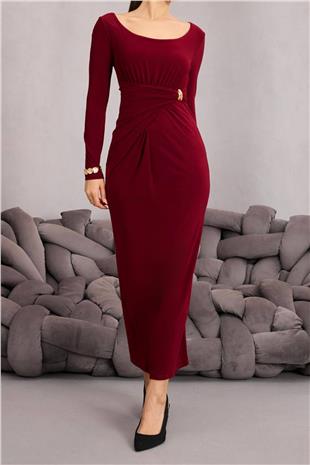 Kadın BORDO Toka Detaylı Drapeli Midi Boy Elbise VS01669