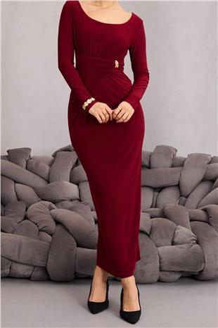 Kadın BORDO Toka Detaylı Drapeli Midi Boy Elbise VS01669