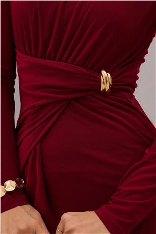 Kadın BORDO Toka Detaylı Drapeli Midi Boy Elbise VS01669