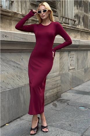 Kadın BORDO Uzun Kollu Bisiklet Yaka Dar Kesim Elbise VS01537
