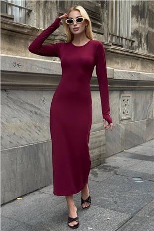 Kadın BORDO Uzun Kollu Bisiklet Yaka Dar Kesim Elbise VS01537