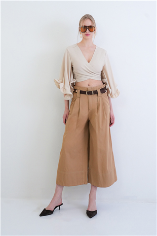 Kadın Camel Bel Ve Paça Detaylı Yandan Cepli Bol Kesim Gabardin Pantolon Alc-X15440