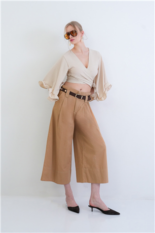 Kadın Camel Bel Ve Paça Detaylı Yandan Cepli Bol Kesim Gabardin Pantolon Alc-X15440