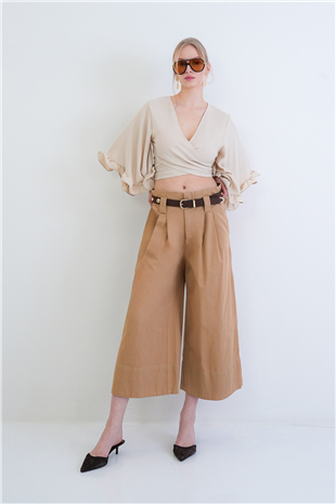Kadın Camel Bel Ve Paça Detaylı Yandan Cepli Bol Kesim Gabardin Pantolon Alc-X15440