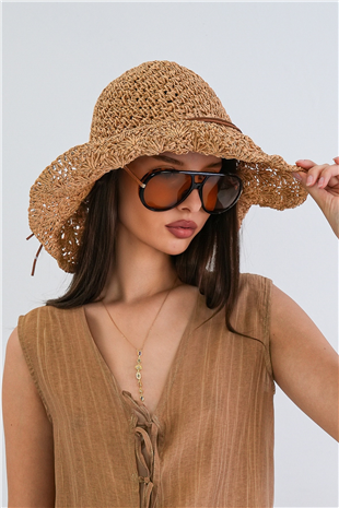 Kadın Camel Deri Fiyonklu Hasır Örme Plaj Şapka Alc-X15391