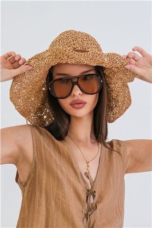 Kadın Camel Deri Fiyonklu Hasır Örme Plaj Şapka Alc-X15391
