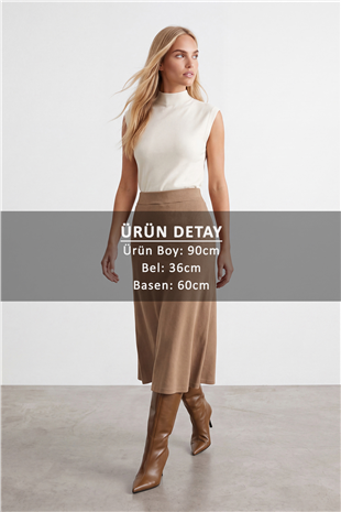 Kadın Camel Yüksek Bel Beli Lastikli A Form Midi Boy Selanik Kumaş Etek Alc-X11324