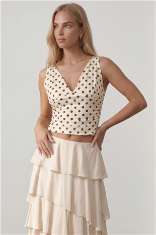 Kadın Ekru Askılı Drape Detaylı Puantiyeli Crop Bluz Alc-X15484