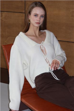 Kadın EKRU Bağlama Detaylı Polo Yaka Triko Hırka VS01429