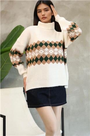 Kadın Ekru Balıkçı Yaka Baklava Desenli Triko Kazak Alc-X14739
